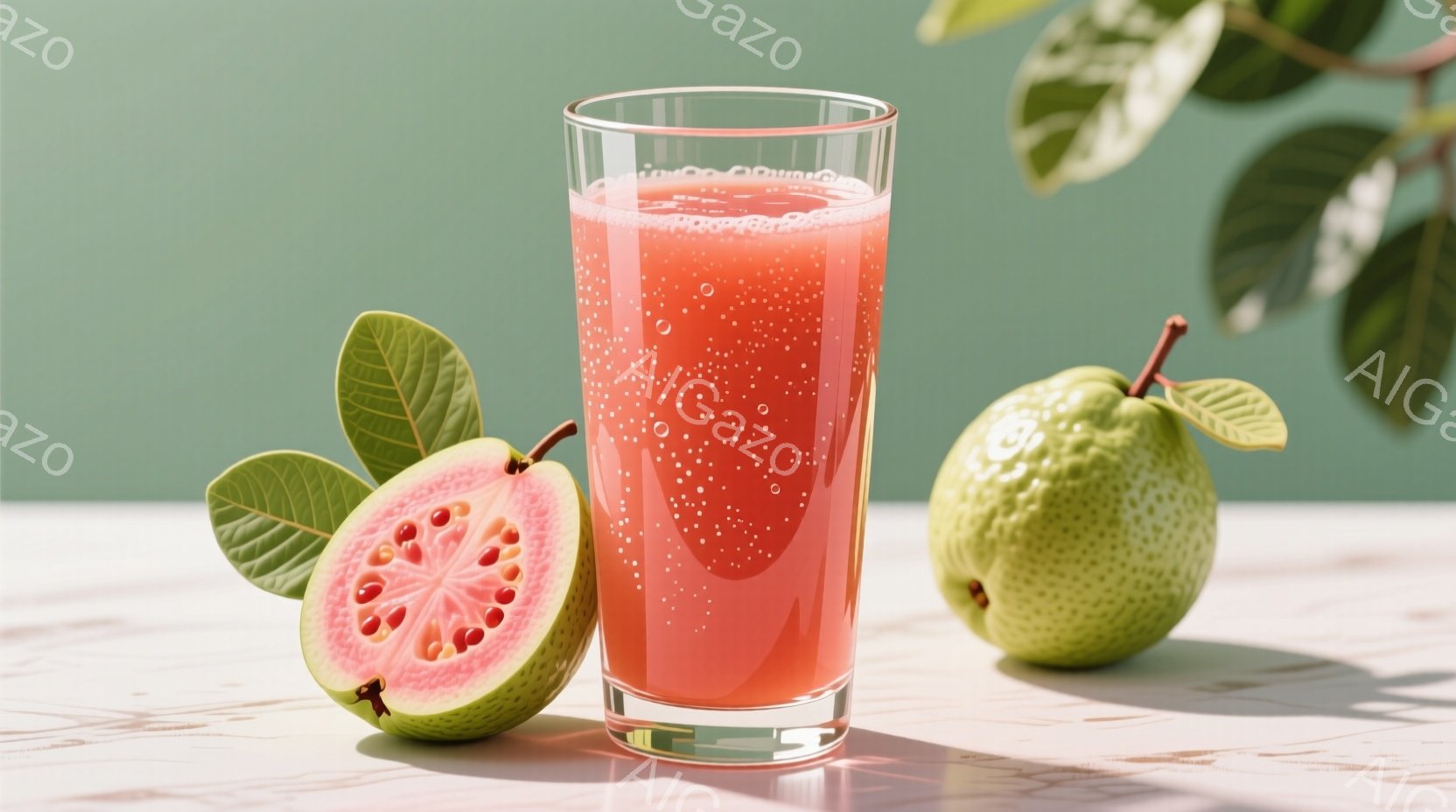 鮮やかな緑色の背景に、ピンク色のグアバジュースが入ったグラスと、カットされたグアバ、丸ごとのグアバが置かれています。大理石模様のテーブルの上に配置され、グアバの葉が添えられています。全体的に爽やかで健康的な印象を与える、果物を使った静物画です。