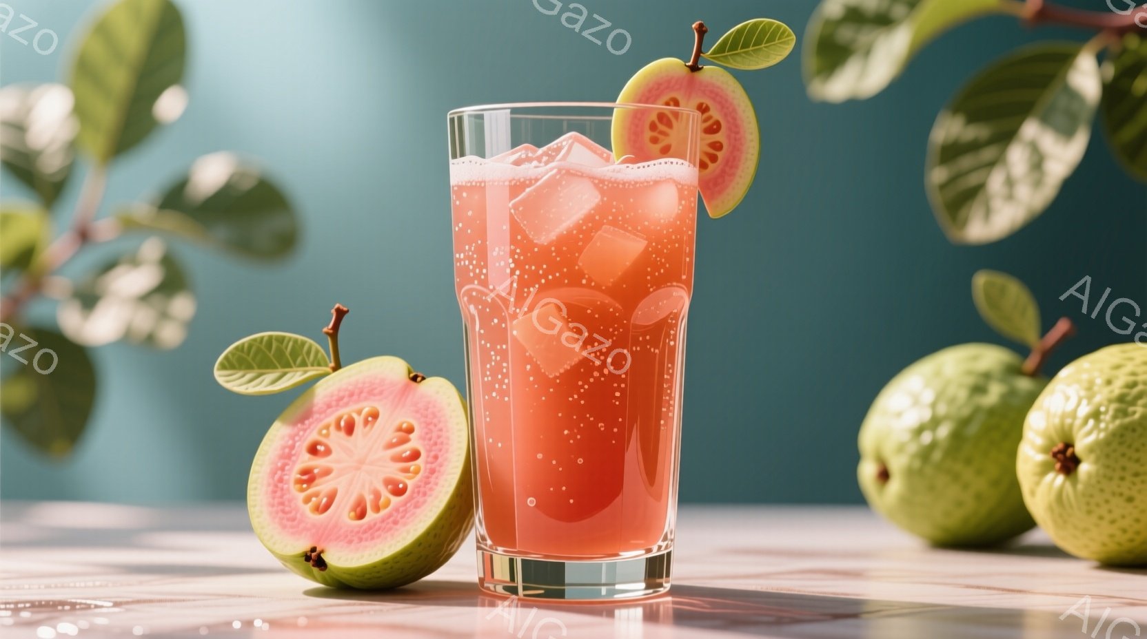 グアバをテーマにした静物画で、グラスに入ったピンク色のドリンクが中央に配置されています。ドリンクには氷が浮いており、隣にはグアバの半分と丸ごとのグアバが置かれています。背景は淡い緑色で、グアバの葉がアクセントとして添えられ、爽やかで健康的な雰囲気を醸し出しています。