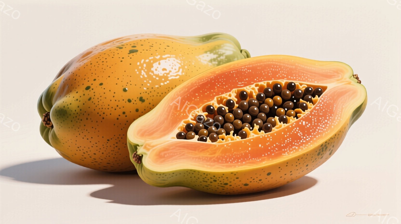 パパイヤが２つ、撮影されています。片方は丸ごと、もう片方は半分にカットされており、中から黒い種が見えます。背景は明るいベージュ色で、影が柔らかく、全体的に温かくフレッシュな雰囲気を醸し出しています。