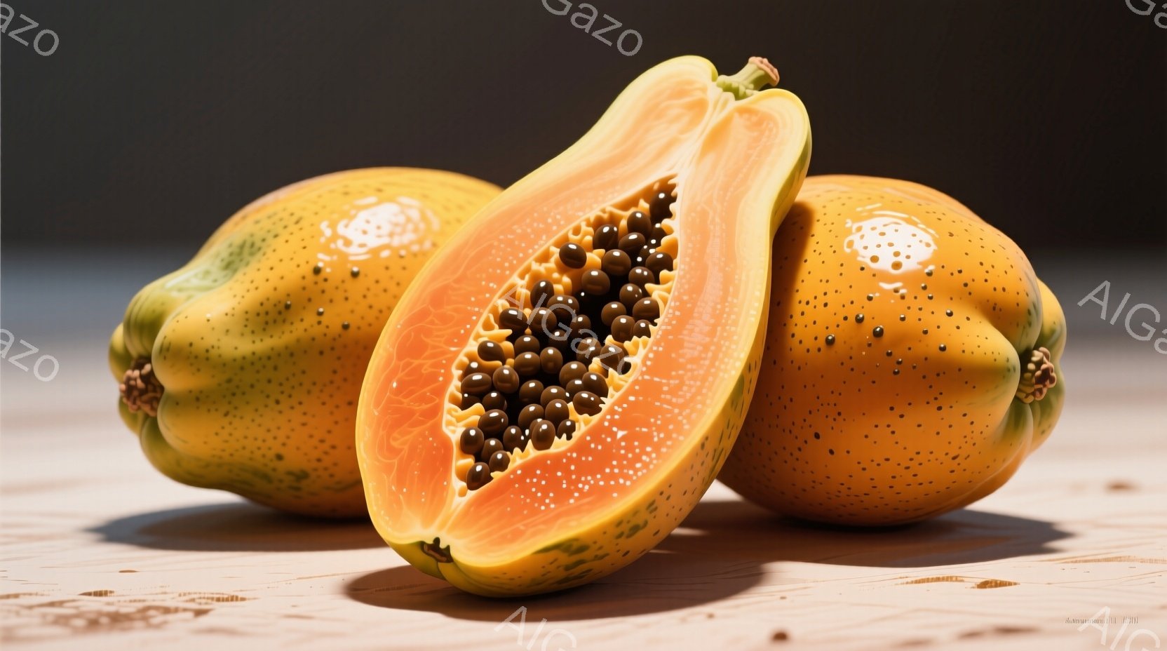 パパイヤが三つ、木製のテーブルの上に置かれています。一つは半分にカットされており、オレンジ色の果肉と黒い種が見えます。全体的に暖色系の色合いで、柔らかく穏やかな雰囲気が漂っています。