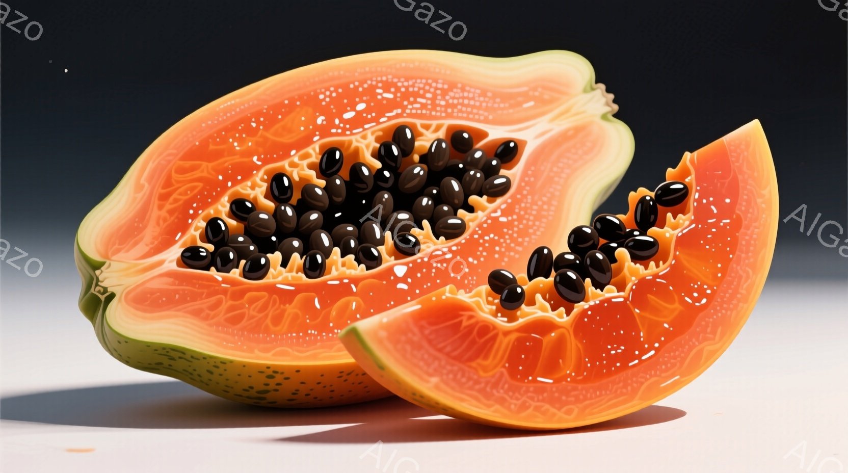 パパイヤが半分にカットされ、種子が黒く密集して見えるクローズアップ写真です。果肉は鮮やかなオレンジ色で、表面は滑らかで、一部に緑色の外皮が残っています。背景は単調な灰色で、パパイヤが際立っており、全体的に瑞々しく新鮮な雰囲気を醸し出しています。
