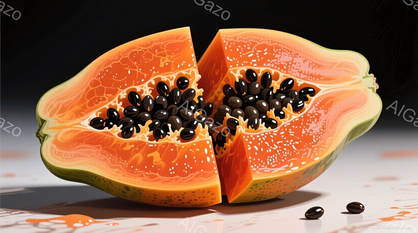 パパイヤが半分にカットされた様子が写っている。果肉は鮮やかなオレンジ色で、中央には黒い種が密集している。背景はぼやけたグレーで、数粒の種がテーブル上に散らばっているのが見える。 - AI生成フリー素材