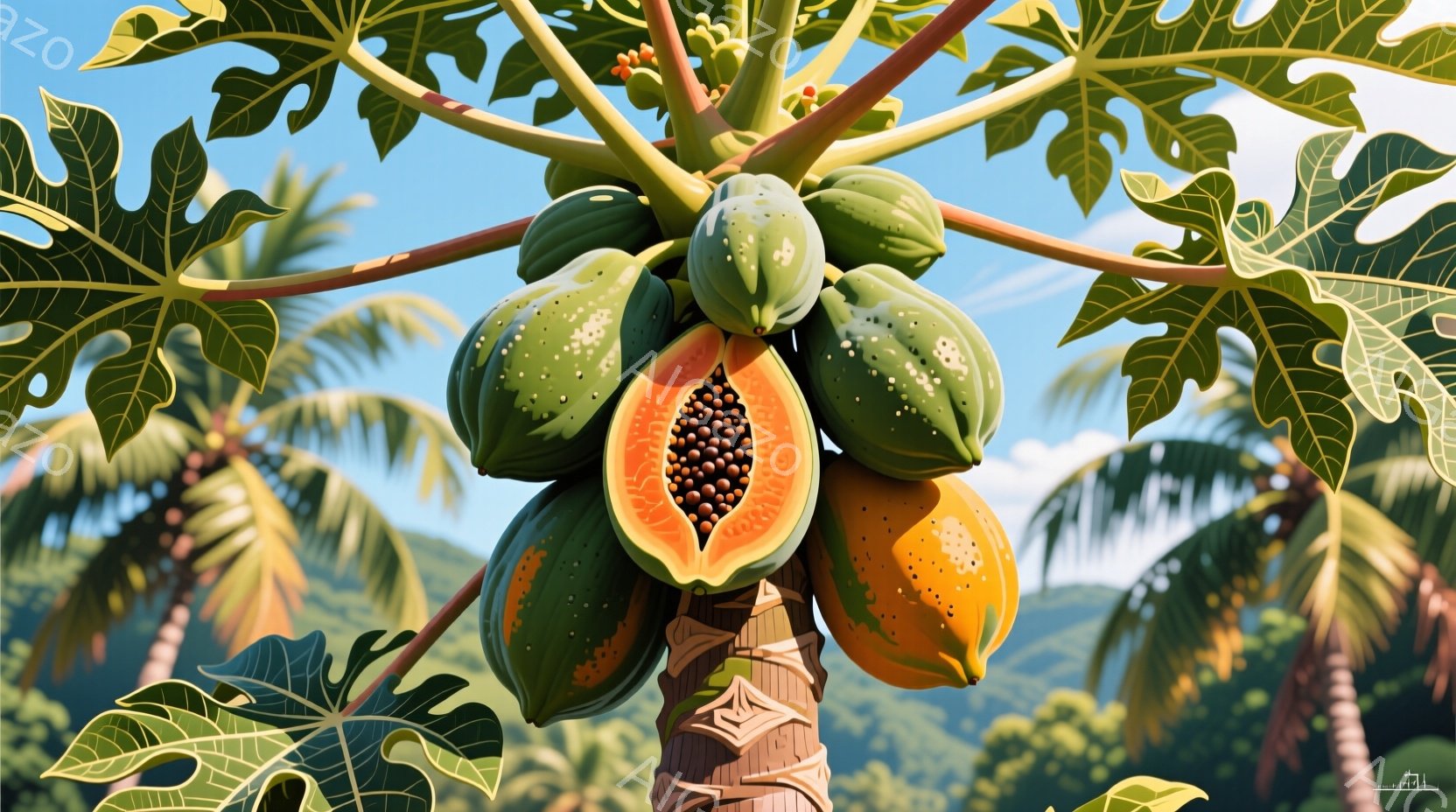 パパイヤの木が描かれており、熟したパパイヤがいくつか実をつけている。一つは半分に割られており、種が黒く、果肉は鮮やかなオレンジ色で、他の緑色の果実とのコントラストが美しい。背景には青い空と緑豊かな山々が広がり、南国らしい穏やかな雰囲気を醸し出している。
