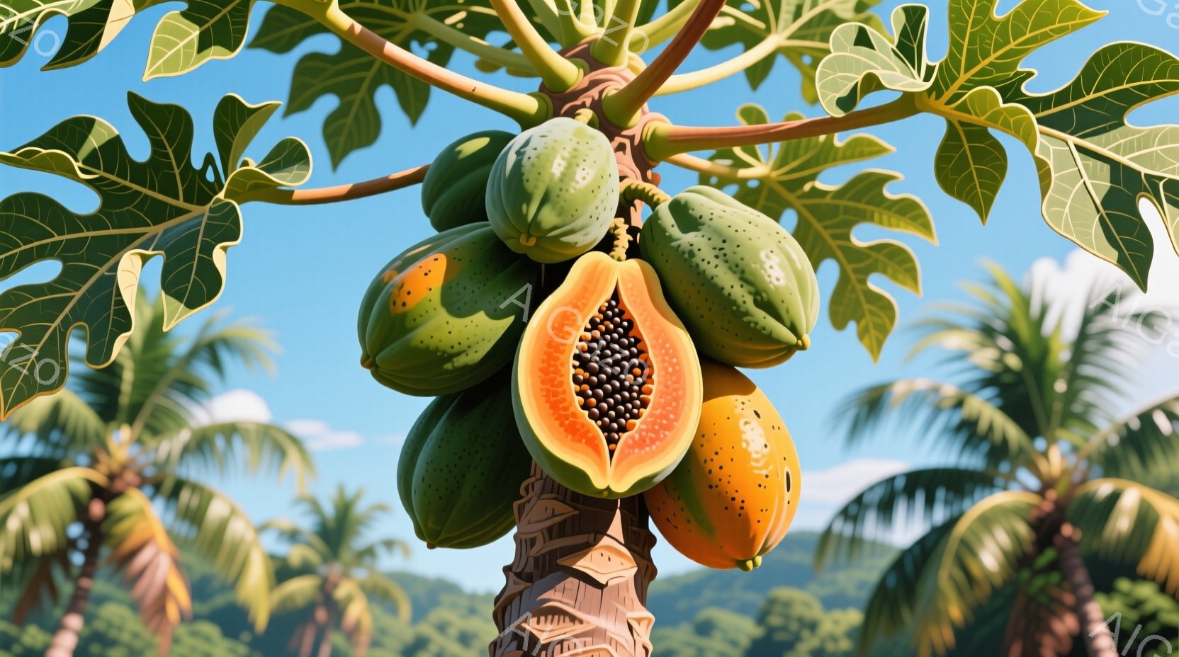 パパイヤの木が画面中央にあり、緑色の葉と熟した果実が密集しています。果実の中には、鮮やかなオレンジ色の果肉と黒い種がはっきりと見えます。背景には、緑豊かな山々とヤシの木が見え、晴天の青空が広がっており - AI生成フリー素材
