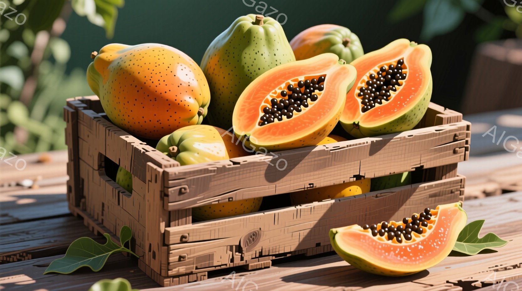 パパイヤが木製の箱に盛られています。いくつかのかたまりは半分にカットされており、黒い種がよく見えます。箱は木製のテーブルの上に置かれ、背景にはぼやけた緑の葉が見え、全体的に暖かく自然な雰囲気です。