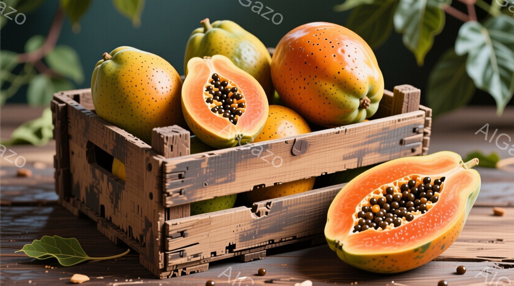 パパイヤが木製の箱に盛られています。一部は半分にカットされており、黒い種がよく見えます。背景は緑豊かな自然で、全体的に暖かく、素朴な雰囲気です。 - AI生成フリー素材