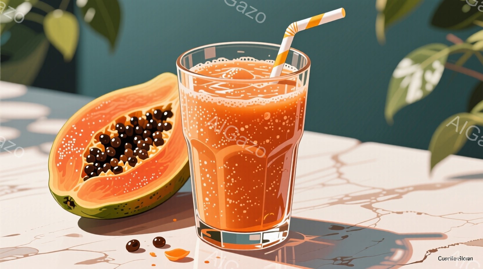 パパイヤとパパイヤジュースがテーブルの上に置かれています。パパイヤは半分にカットされており、黒い種子が露出しています。ジュースは背の高いグラスに入れられ、ストローが挿されており、全体的に明るく爽やかな雰囲気が漂っています。