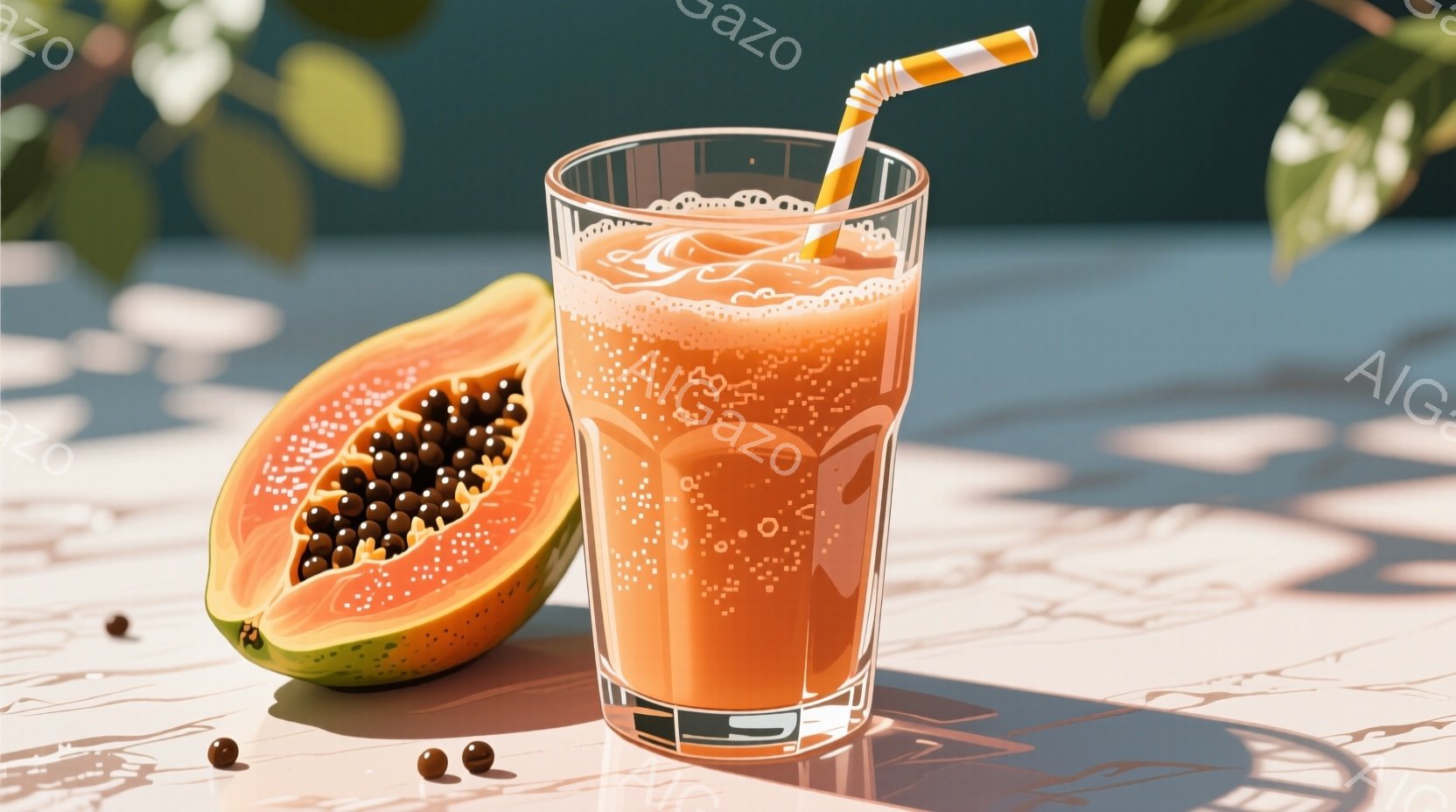 パパイヤの実と、パパイヤを使ったオレンジ色のスムージーがテーブルの上に置かれています。テーブルは白大理石風で、背後には緑の葉がぼやけて見え、強い日光が差し込んで影が模様を作っています。スムージーにはストライプのストローが挿さっており、全体的に爽やかで夏らしい雰囲気です。