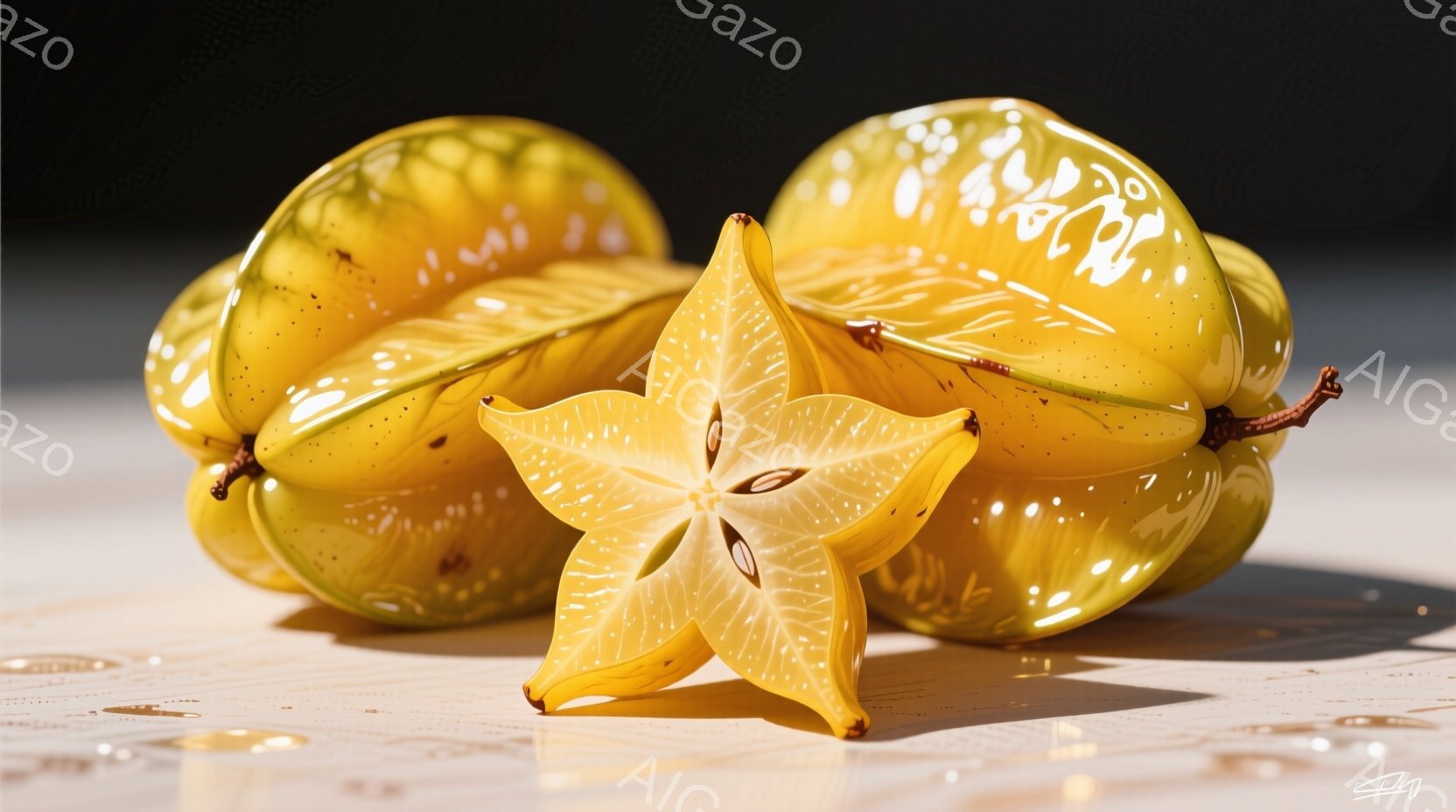 鮮やかな黄色の星形フルーツ（スターフルーツ）が、白い表面に配置されている。そのうちの一つは半分にカットされており、内部の星形がはっきりと見える。全体的に光沢があり、瑞々しい雰囲気で、影が薄く、清潔感のある背景が際立っている。