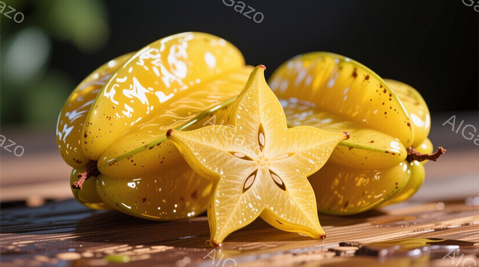 鮮やかな黄色の星型フルーツ、スターフルーツが、木製の台の上に置かれています。手前には切断されたスターフルーツがあり、星の断面がはっきりと見え、背景は暗くぼやけており、フルーツが際立っています。 全体的 - AI生成フリー素材