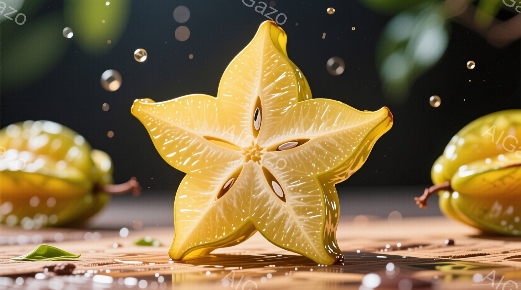 鮮やかな黄色にカットされたスターフルーツが、木製の台の上に置かれています。周囲には水滴が飛び散り、未カットのスターフルーツもいくつか見られ、全体的に爽やかでジューシーな雰囲気を醸し出しています。背景は暗いグレーで、フルーツの黄色が際立っています。