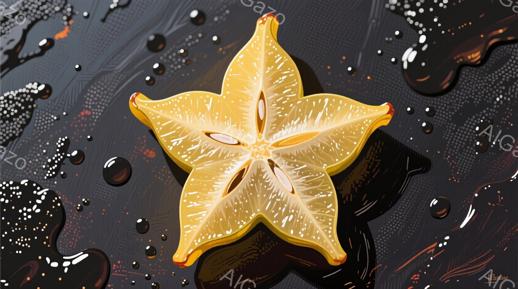 鮮やかな黄色の星型フルーツ、おそらくスターフルーツのスライスが、黒色の背景に浮かび上がっています。スライスの表面には、繊細な線が描かれており、光沢と質感を表現しています。背景には、水滴のようなものが散りばめられ、湿り気のある、少しミステリアスな雰囲気を醸し出しています。