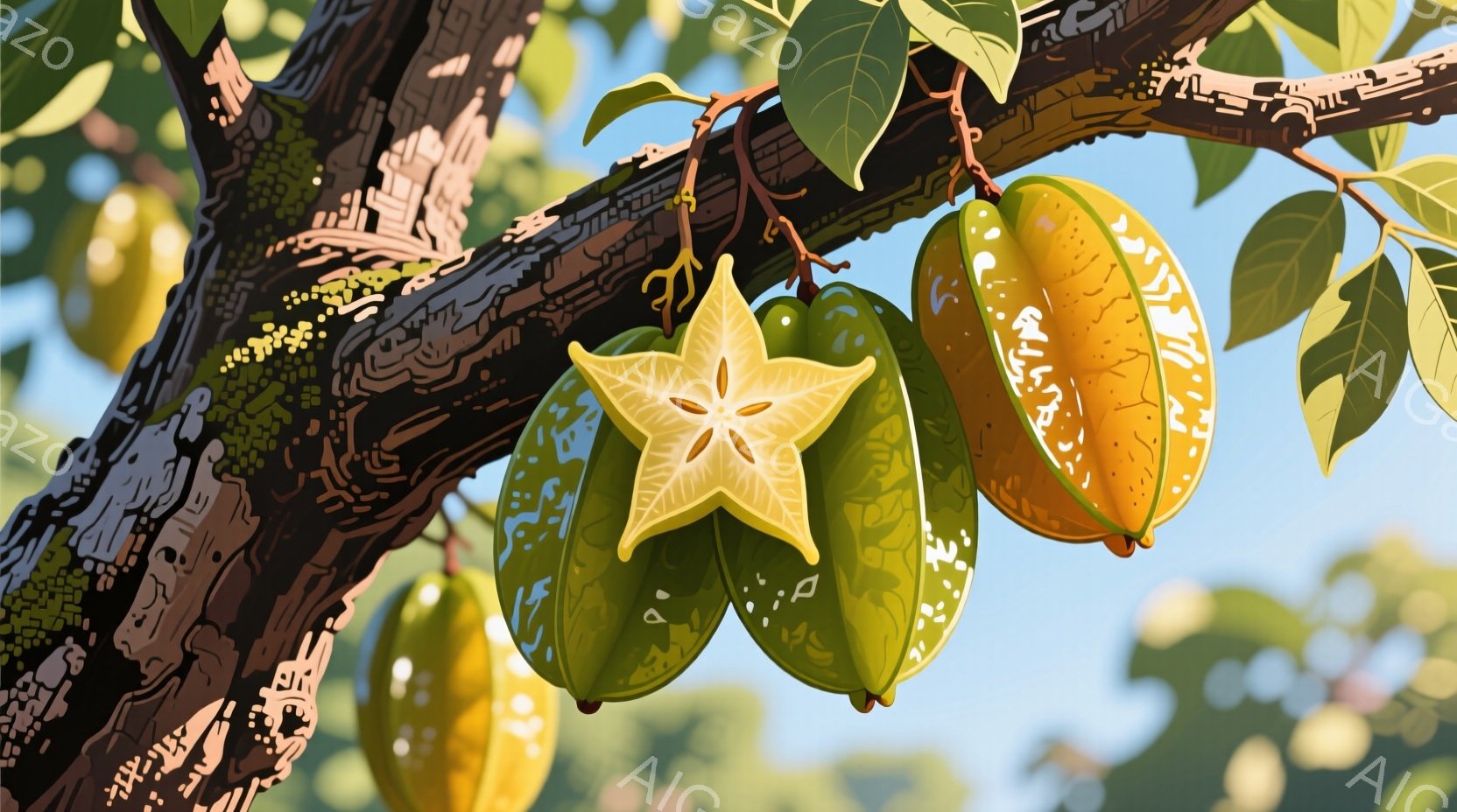 鮮やかな緑色の星形フルーツ（スターフルーツ）が、茶色の木の枝にぶら下がっている様子が捉えられています。果実は半分にカットされており、星形の中身が露わになっています。背景には明るい青空と緑の葉が広がり、自然な光が差し込む穏やかな雰囲気が漂っています。