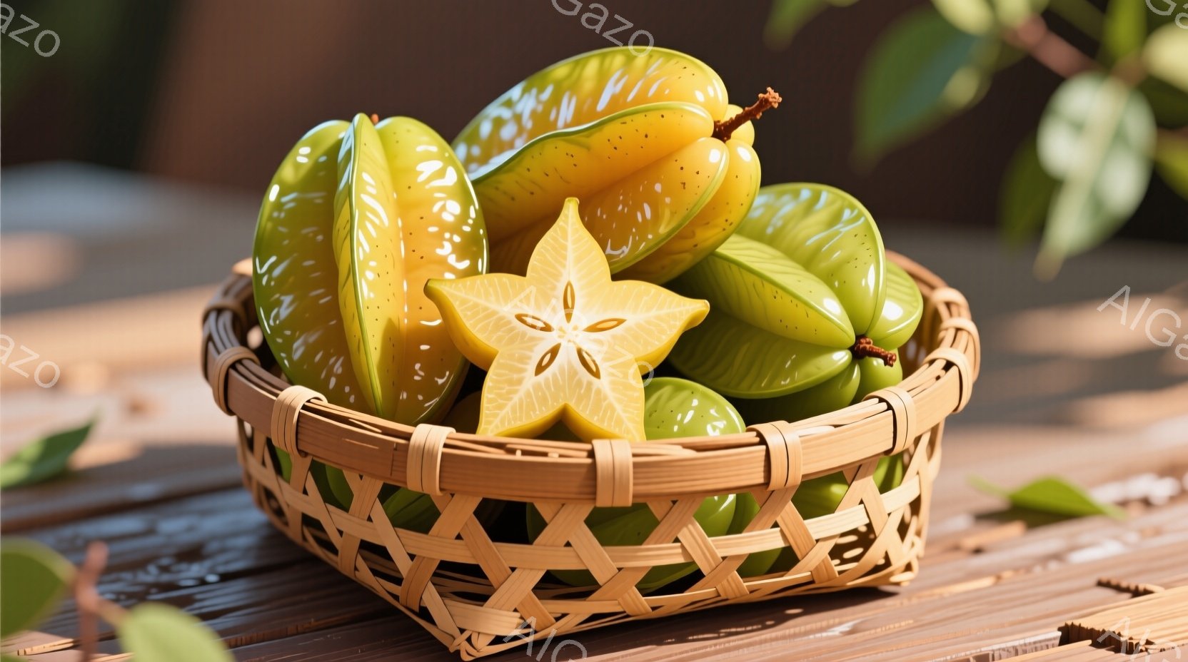 籠の中に星形の形をしたカラフルなフルーツ、スターフルーツが詰め込まれています。フルーツは緑色と黄色が混ざり合い、新鮮でみずみずしい印象を与えます。背景は木製のテーブルで、自然な光が差し込み、全体的に温 - AI生成フリー素材