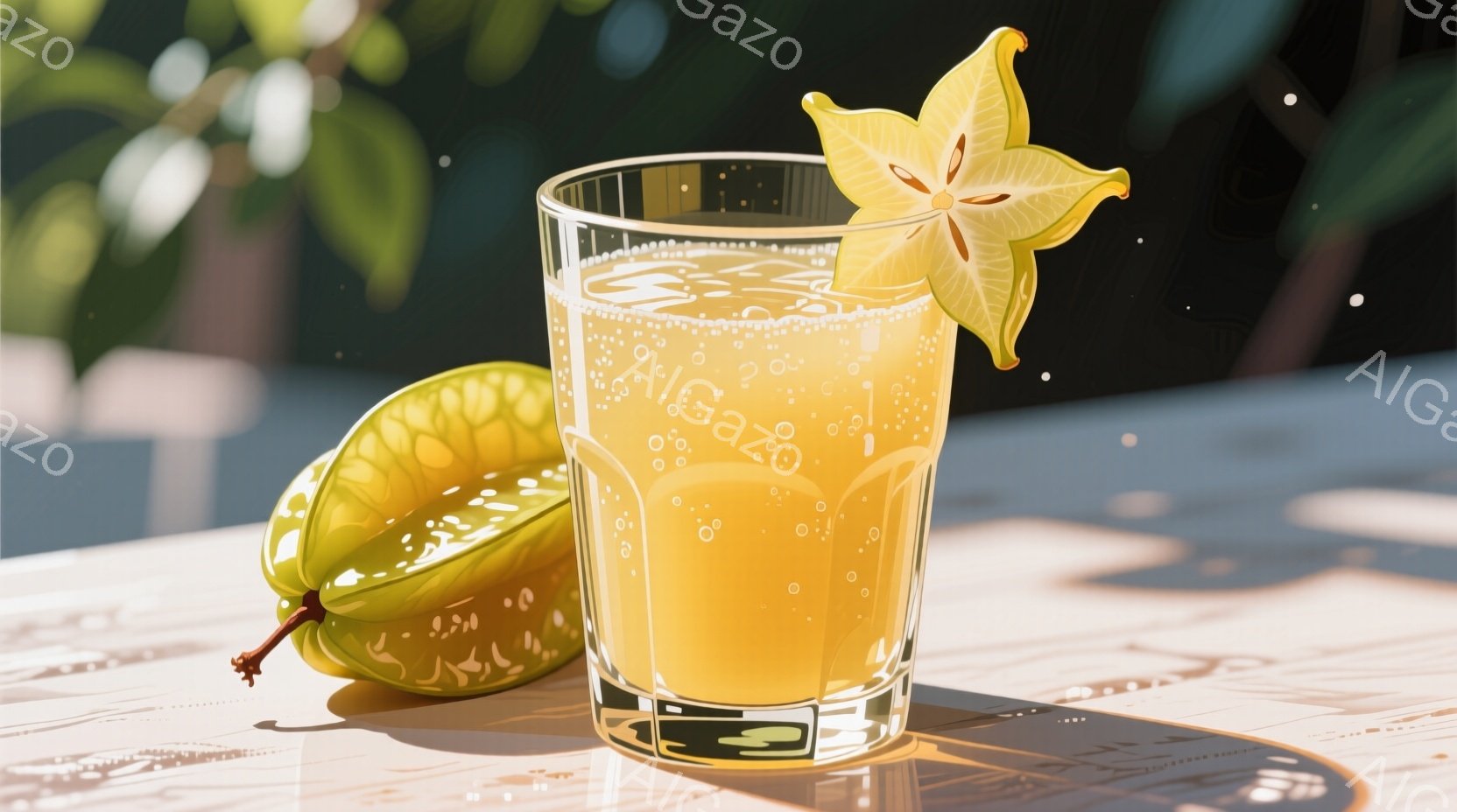 鮮やかな黄色いスターフルーツが飾られたグラスに入ったジュースが描かれています。ジュースは泡立ち、背景には木製のテーブルと明るい日差しが差し込む自然がぼやけています。全体的に、爽やかで健康的な夏の日の雰囲気が漂っています。