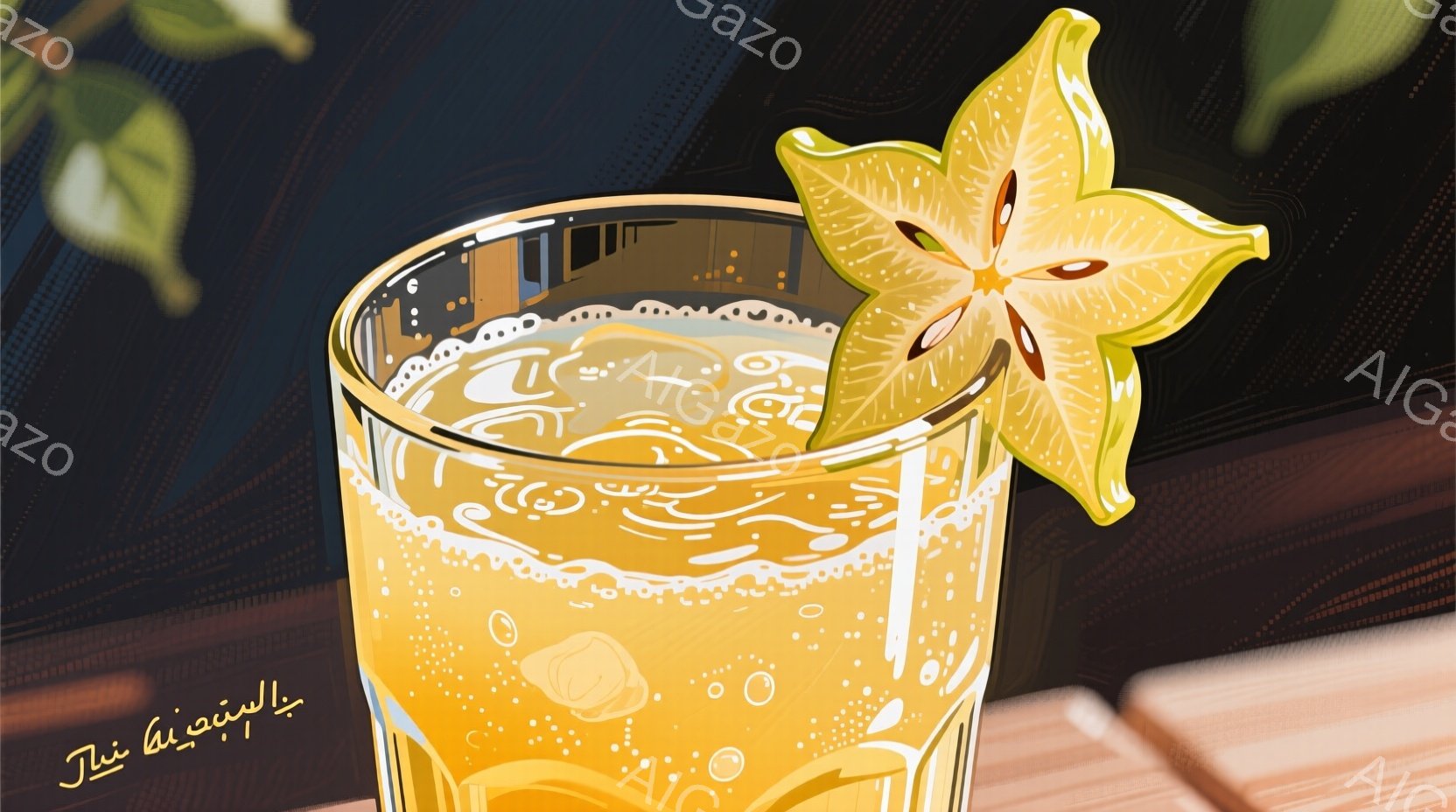 鮮やかな黄色い飲み物がグラスの中に満たされ、星形のカリバソウのスライスが縁に飾られています。液体の中には氷の粒が浮かび、炭酸の泡が立ち上っている様子が描かれています。背景は濃い青色のグラデーションで、 - AI生成フリー素材