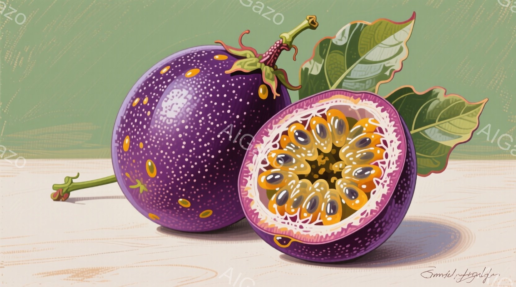 濃い紫色のパッションフルーツが2つ、明るい緑色の背景に配置されています。一つは丸く全体が写り、もう一つは半分にカットされ、内部の黄色い果肉と黒い種が露わになっています。背景は柔らかな光に満ちており、果 - AI生成フリー素材