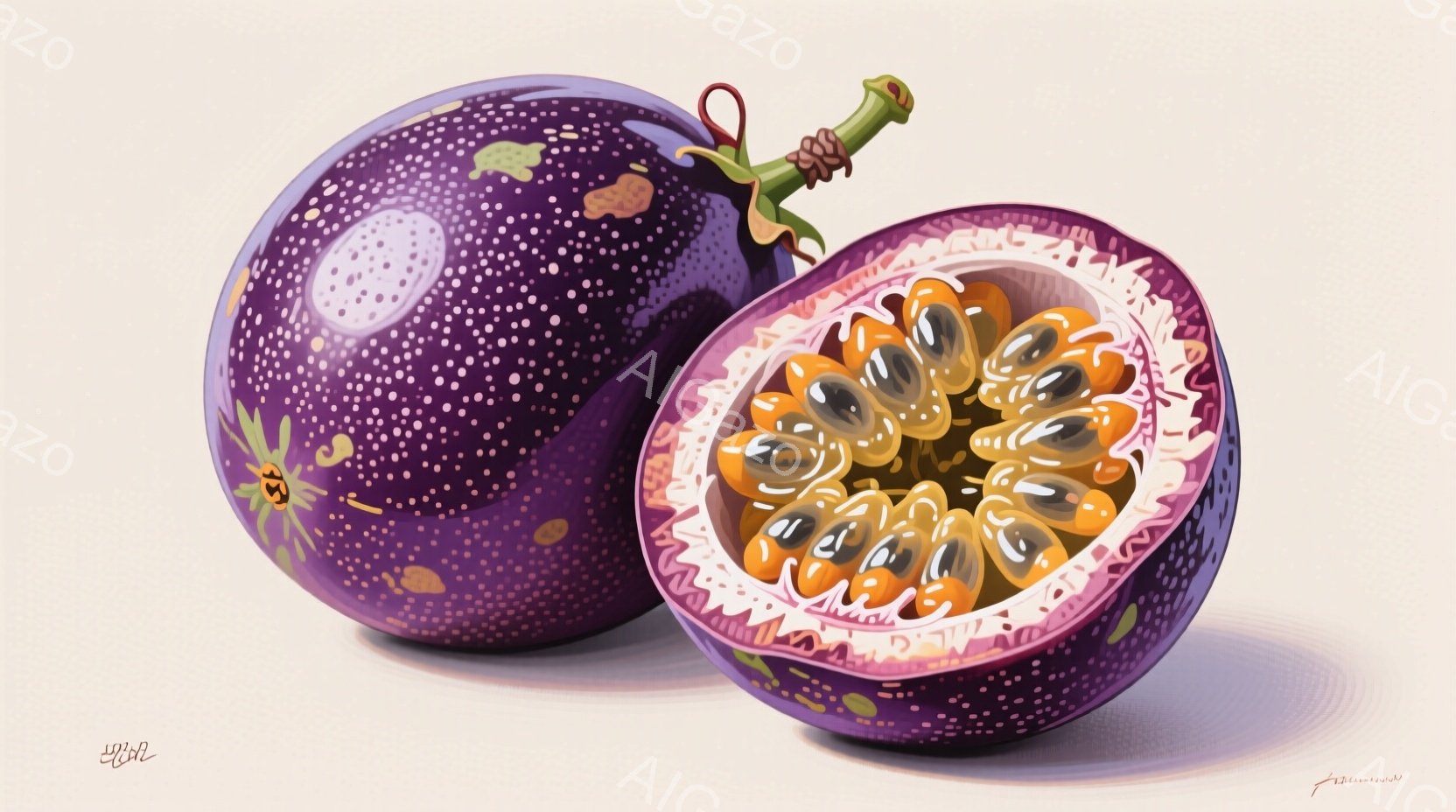 鮮やかな紫色のパッションフルーツが2つ、淡いベージュ色の背景に置かれています。片方は丸ごとで、表面に細かい斑点模様があり、もう片方は半分にカットされ、オレンジ色の果肉と黒い種子が露わになっています。光 - AI生成フリー素材