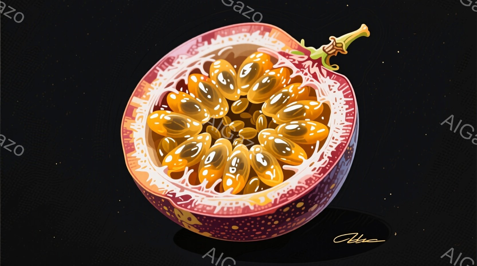 パッションフルーツが半分にカットされた様子が写っています。果肉は黄色く、種が密集しており、鮮やかでトロピカルな印象を与えます。背景は暗く、影が落ちており、パッションフルーツが際立っています。