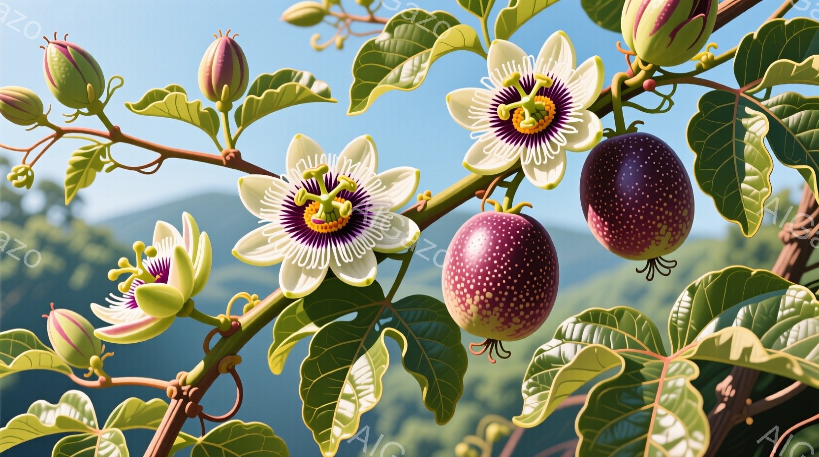 熱帯のつる植物が画面いっぱいに広がっており、白と紫色の複雑な花と、赤紫色の丸い果実が特徴的です。背景には緑豊かな丘陵地帯がぼんやりと見え、穏やかな晴天を示唆しています。鮮やかな色彩と細部にわたる描写が、生命力あふれる自然の美しさを際立たせています。