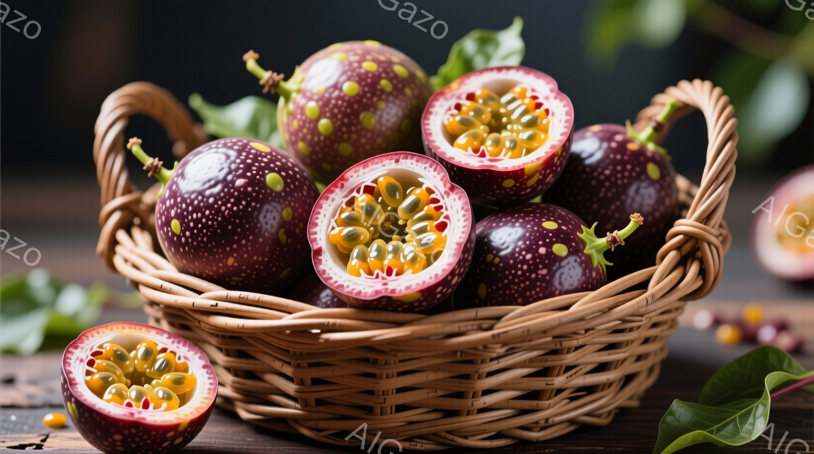 籐編みのバスケットに、パッションフルーツがたっぷり詰まっています。いくつかカットされたフルーツは、種がぎっしりと詰まった果肉を見せ、鮮やかな黄色とオレンジ色が食欲をそそります。背景は暗い木目調で、緑の葉がアクセントとなり、トロピカルな雰囲気を醸し出しています。