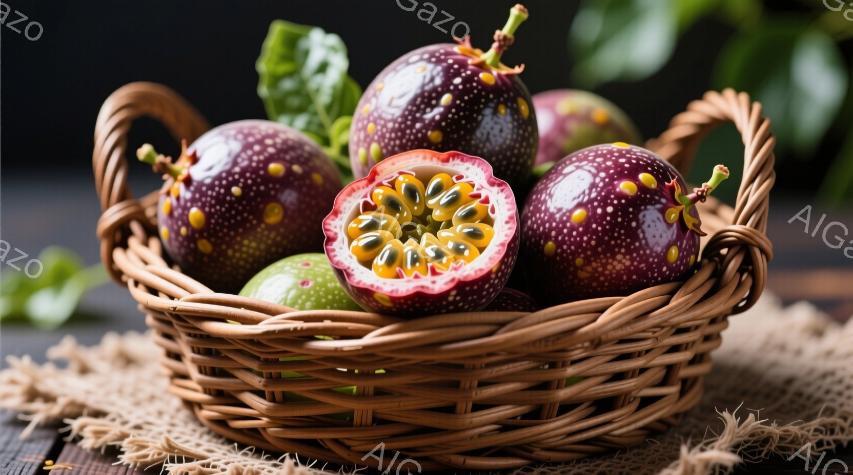 籐編みのバスケットに、濃い紫色で斑点のあるパッションフルーツがいくつか入っています。そのうちの一つは半分に切られており、種と果肉がはっきりと見えます。背景には木製のテーブルと粗い麻布があり、自然で素朴な雰囲気を醸し出しています。