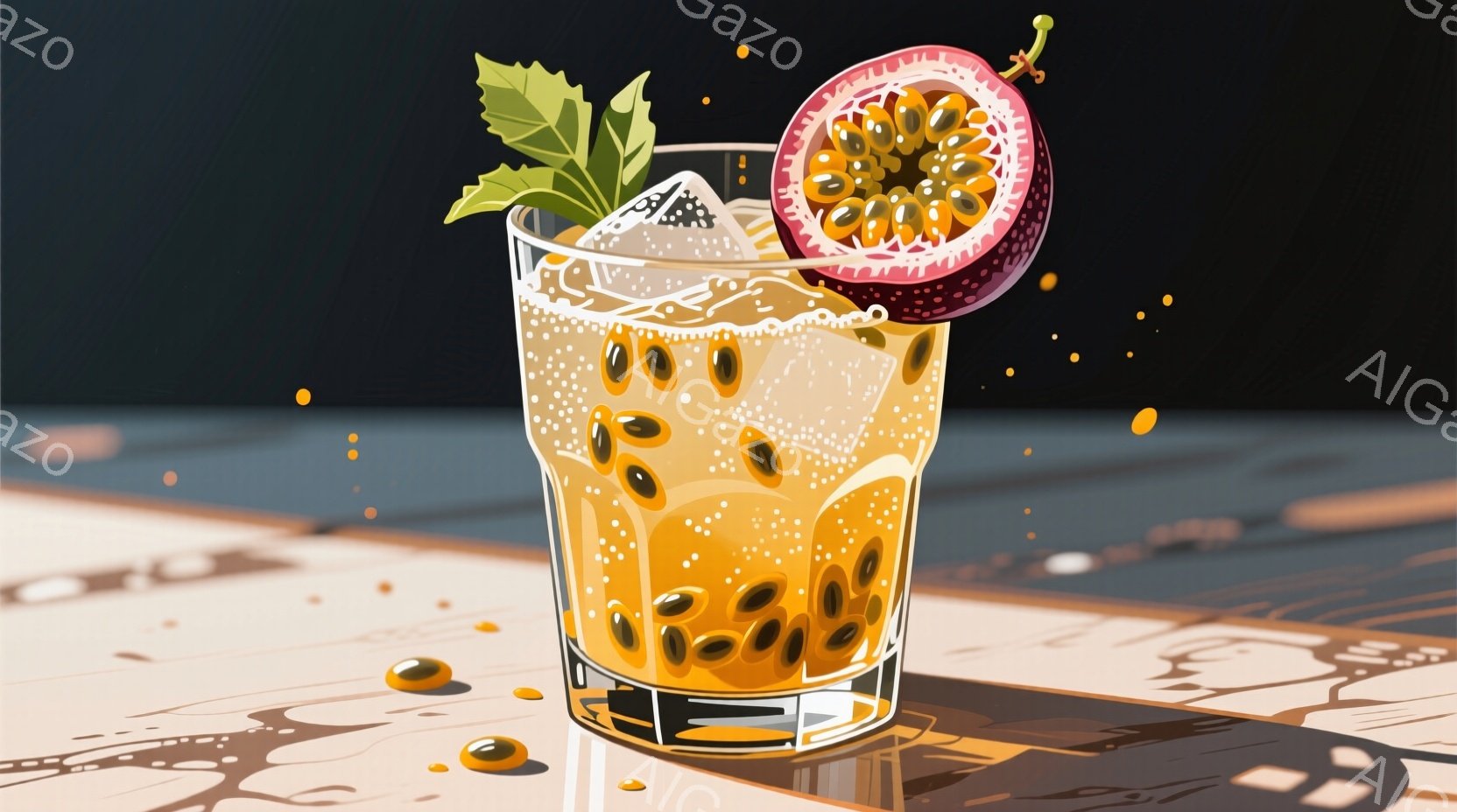 オレンジ色の泡立つドリンクがグラスに満たされ、上にはカットされたパッションフルーツとミントの葉が飾られています。ドリンクは透明なグラスの中で輝き、表面には小さな泡が浮遊し、背景は落ち着いたトーンのベー - AI生成フリー素材