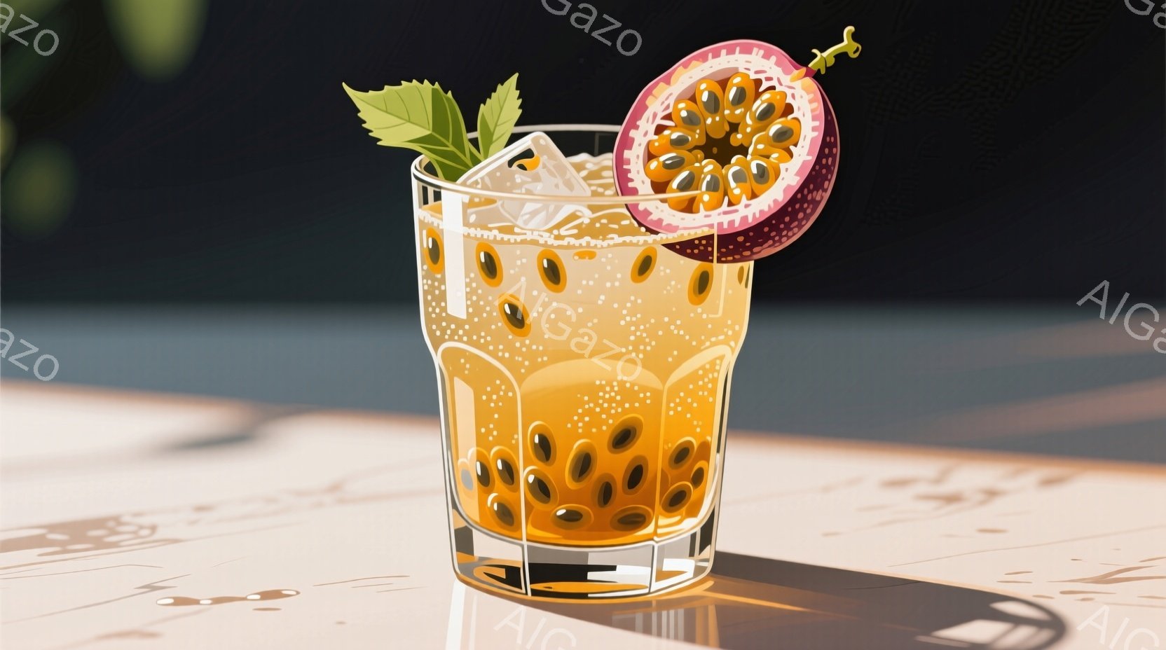 透明なグラスの中に、タピオカのような丸い粒と、オレンジ色の液体が入ったドリンクが写っています。グラスの縁にはミントの葉が飾られ、さらにパッションフルーツのスライスが添えられています。背景は暗く、テーブ - AI生成フリー素材