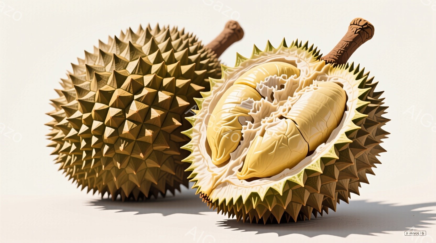 ドリアンが2つ写っています。1つは丸く、茶色と緑の棘で覆われており、もう1つは半分に割られて、クリーム色の果肉が露わになっています。背景は白く、影がわずかにあり、果物の質感が際立っています。