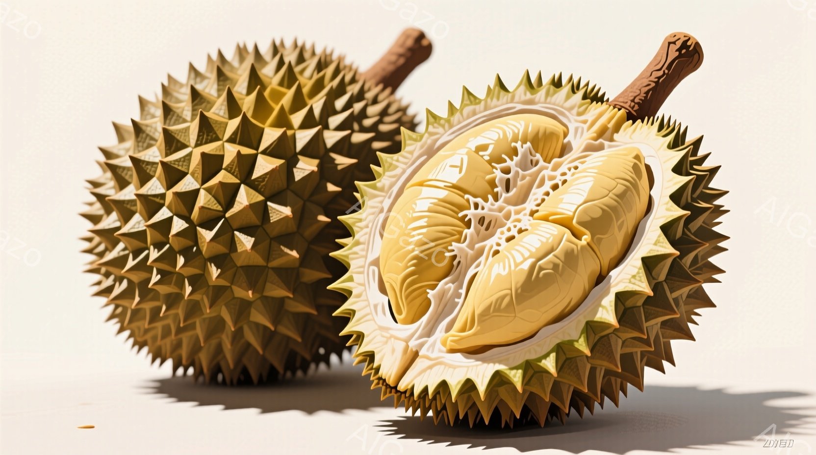 ドリアンが2つ写っています。一つは全体が茶色い棘で覆われ、もう一つは割れて中身の黄色い果肉が露出しています。背景は白く、影がはっきりと落ちており、ドリアンが際立っています。