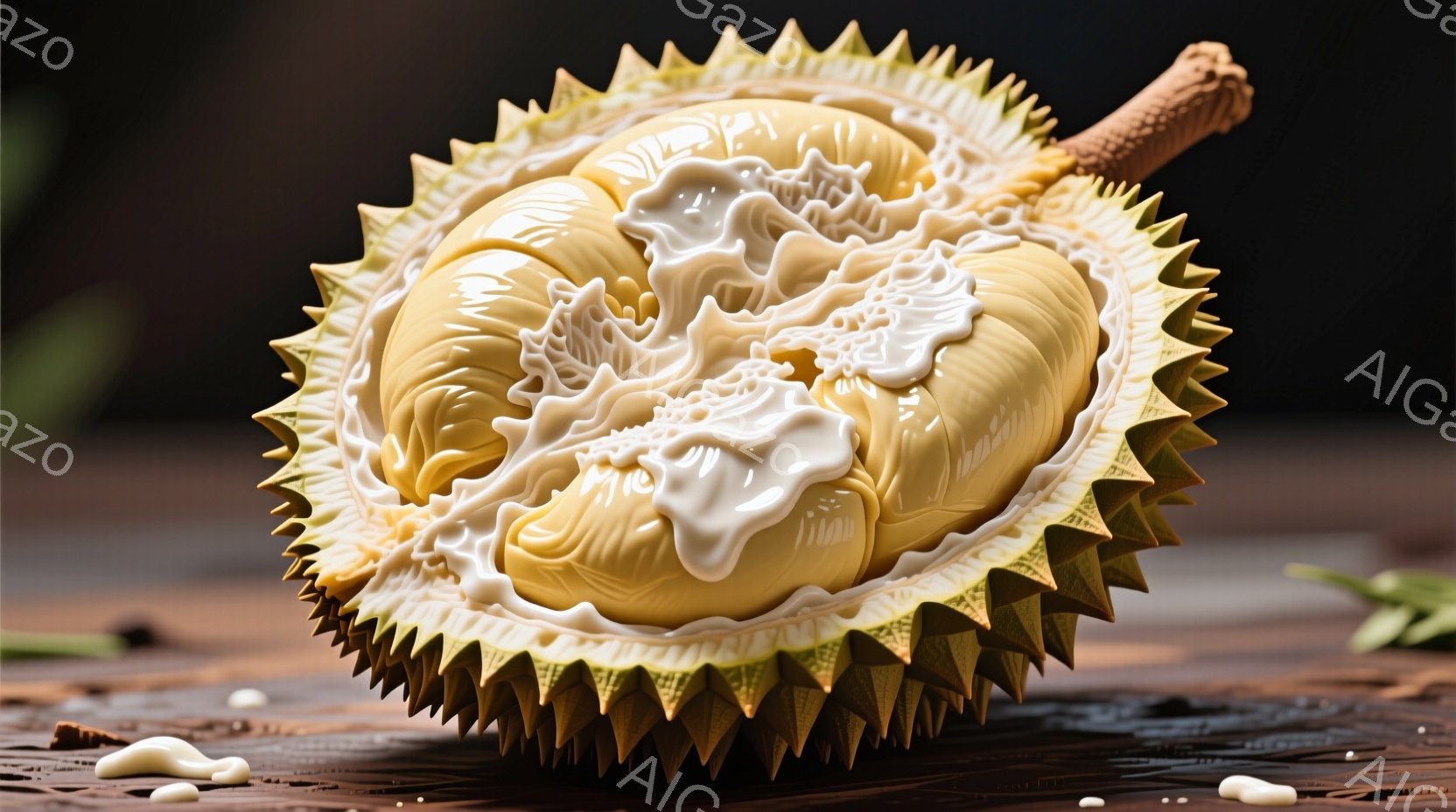 鋭い棘に覆われたドリアンの断面が写っている。クリーム色の果肉が露出しており、一部が流れ出ているのが見える。背景は暗く、木製の表面がわずかに見えており、全体的にエキゾチックで濃厚な雰囲気を醸し出している - AI生成フリー素材