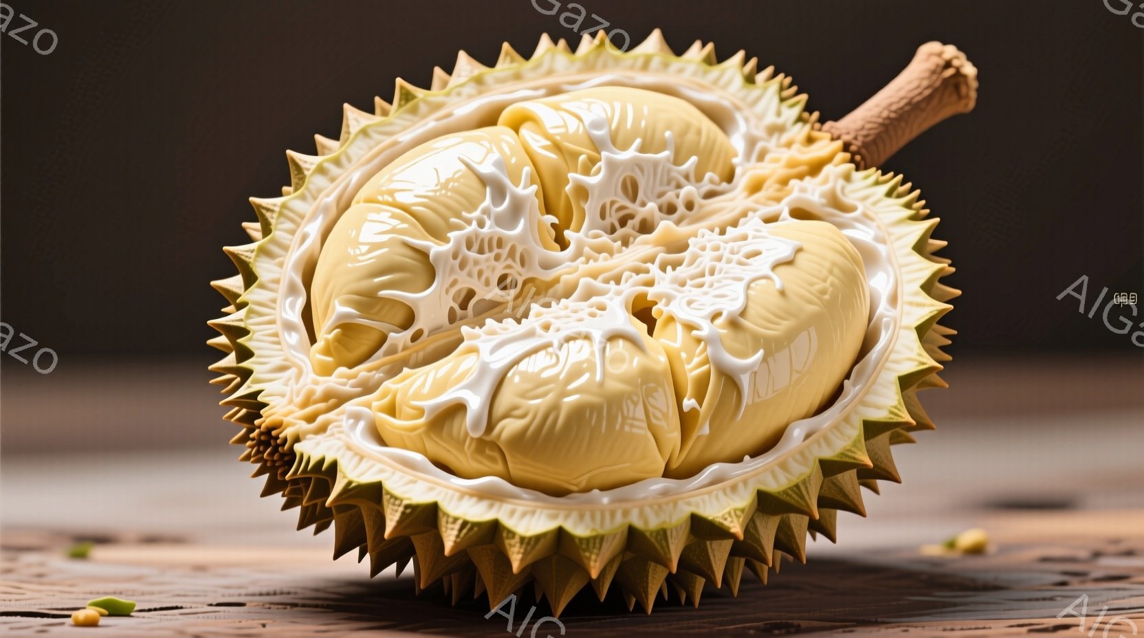 白い縁取りのある浅い青い器の中に、ドリアンと白玉が浸されています。ドリアンは特徴的な棘を持ち、黄色味を帯びた果肉を露わにし、白玉は丸く柔らかい印象です。木目の見える台の上に置かれ、全体的に暖かく、甘いデザートの雰囲気を醸し出しています。