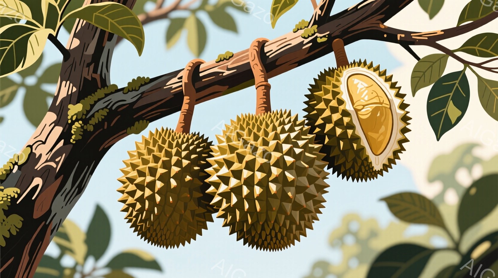 ドリアンの実が枝にぶら下がっている様子が描かれています。実の表面は鋭い棘で覆われており、一つは割れて中身の黄色い果肉が見えています。背景には青空と緑の葉が広がり、熱帯の自然を感じさせる雰囲気です。