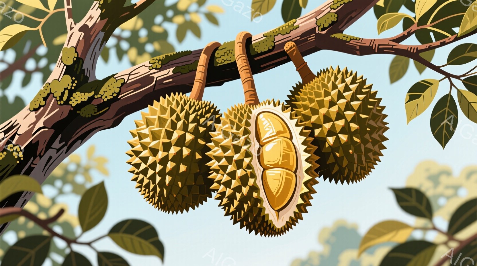 枝にぶら下がったドリアンのクローズアップです。ドリアンは、棘のある茶色の外皮と、わずかに見える黄色い果肉を持ち、自然光の中で見られます。背景には、緑の葉と木の枝が描かれ、穏やかで静かな雰囲気を醸し出し - AI生成フリー素材