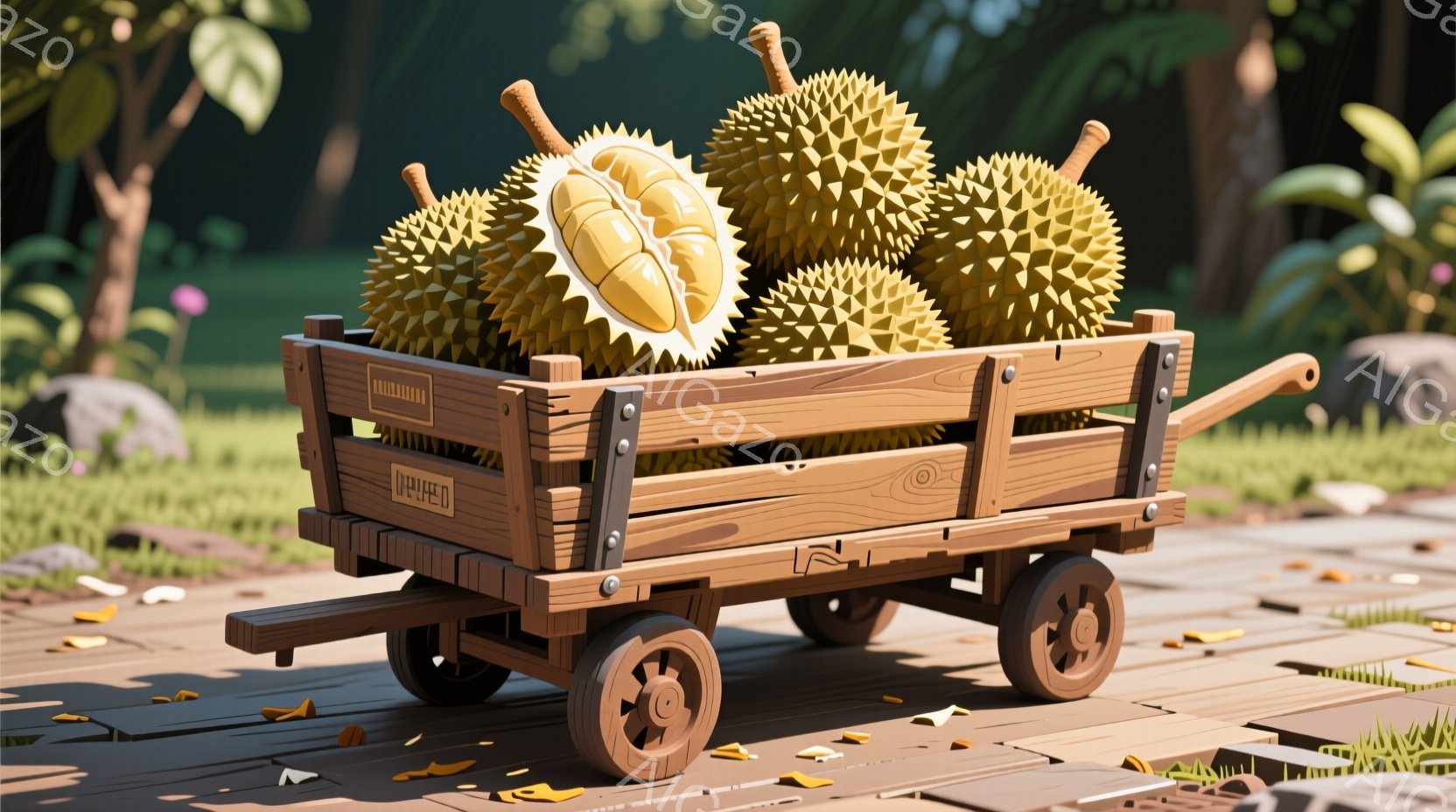 古びた木製の台車にドリアンが山積みにされています。背景には緑豊かな植物と木製のデッキが広がり、落ち葉が散らばっています。全体的に素朴で温かみのある雰囲気で、果物が豊かに実る秋の日の情景を思わせます。