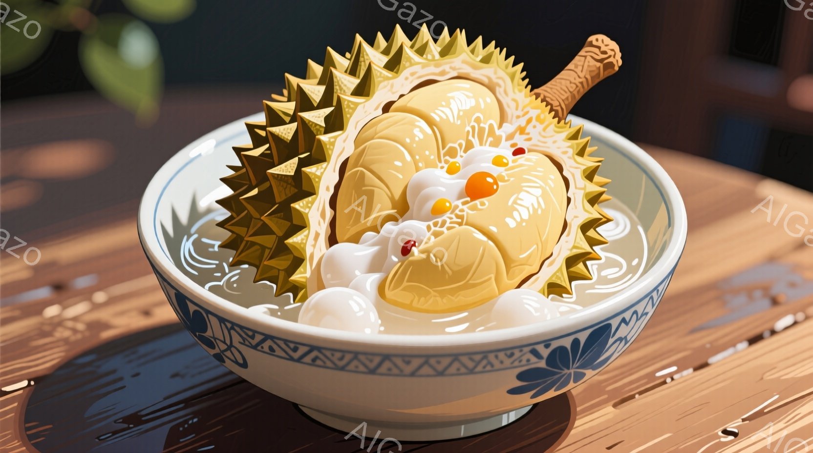 浅い白い丼に、トゲのあるドリアンと白玉団子が浸されています。丼の縁には青い模様があり、丼の中には水が張られています。木製のテーブルの上に置かれ、光沢のある表面が映り込み、全体的に甘くて少し贅沢な雰囲気を醸し出しています。