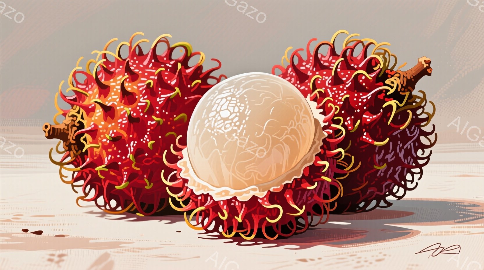 鮮やかな赤い外皮を持つドラゴンフルーツが、切り開かれて白い果肉を露わにしている。果皮は、細い棘のような突起で覆われ、まるで燃え盛る炎のようであり、周囲には赤い液体が滴っている。背景は淡いベージュ色で、影が柔らかく落ち、果物そのものが中心となって強調されている。