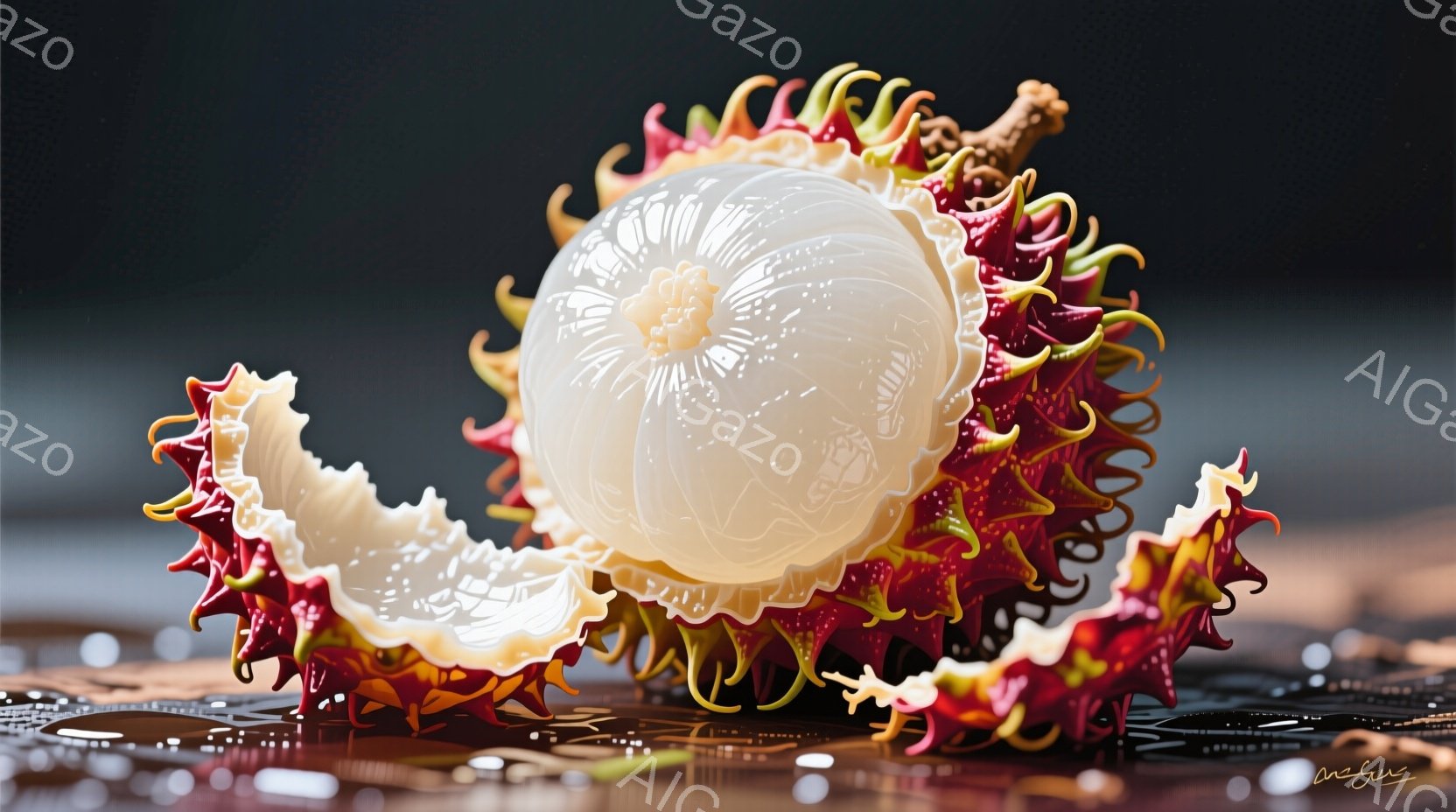 複雑な装飾が施された抽象的な構造物を捉えています。淡いクリーム色と燃えるような赤色の有機的な突起が絡み合い、まるで海中の生物のような印象を与えます。全体的に、背景は暗く、表面の反射が光沢を強調し、神秘 - AI生成フリー素材