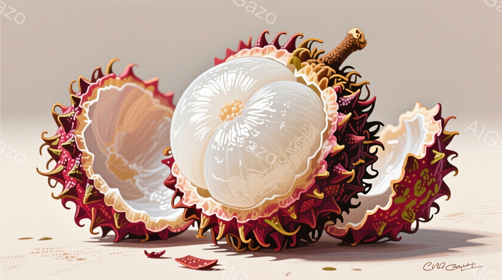 鮮やかな赤色の外皮を持つドラゴンフルーツが半分に割れて、白く柔らかい果肉が露わになっている。果肉は繊細な繊維状の模様を持ち、種は均等に散りばめられている。背景は淡いベージュ色で、割れた外皮の一部が散らばっており、全体的に鮮やかで食欲をそそる雰囲気である。