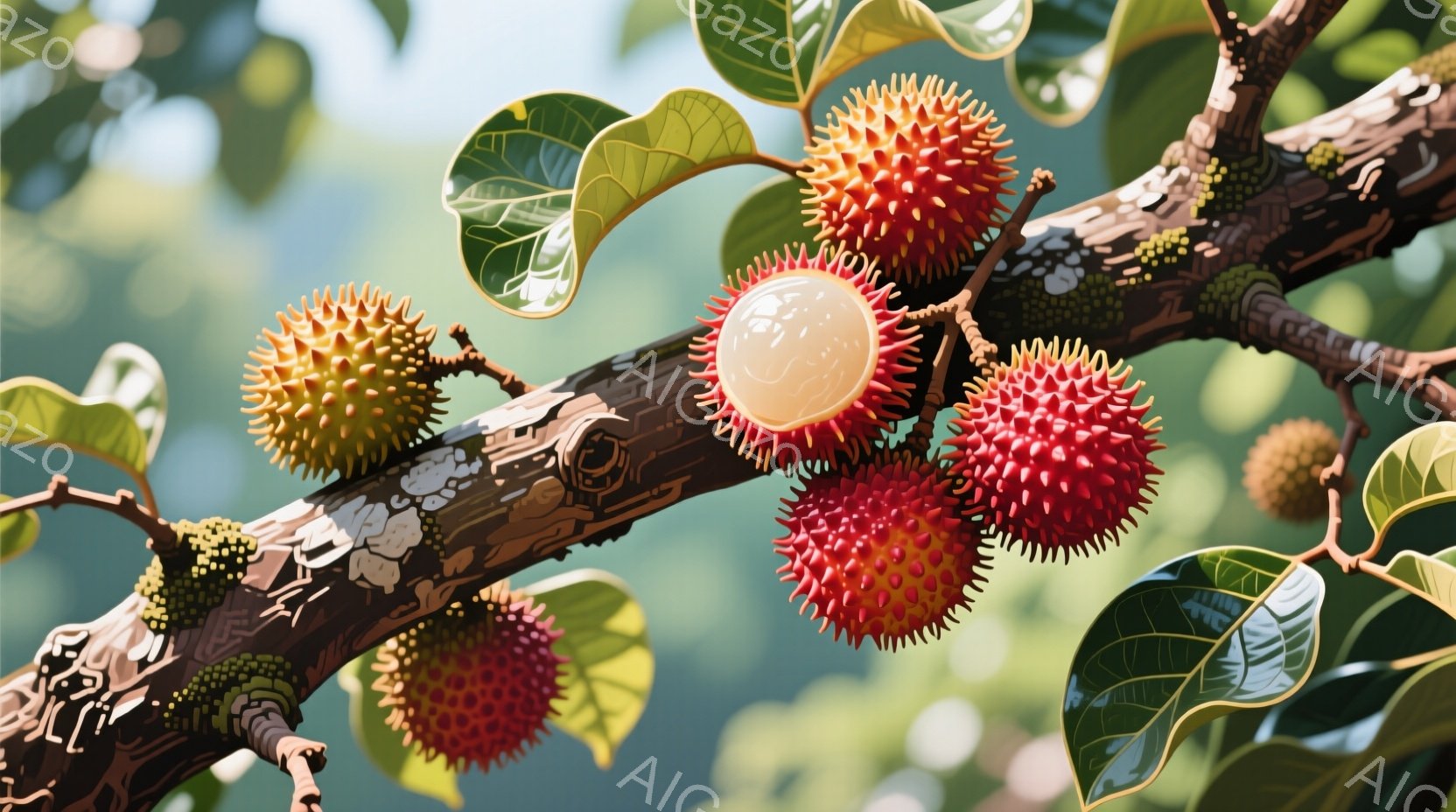 鮮やかな赤色のランブータンが枝に密集して実っています。背景には緑豊かな葉が広がり、自然の中で育つランブータンの生命力と鮮やかさを強調しています。全体的に、暖かく明るい日差しの中で、実りの秋を思わせる雰囲気です。