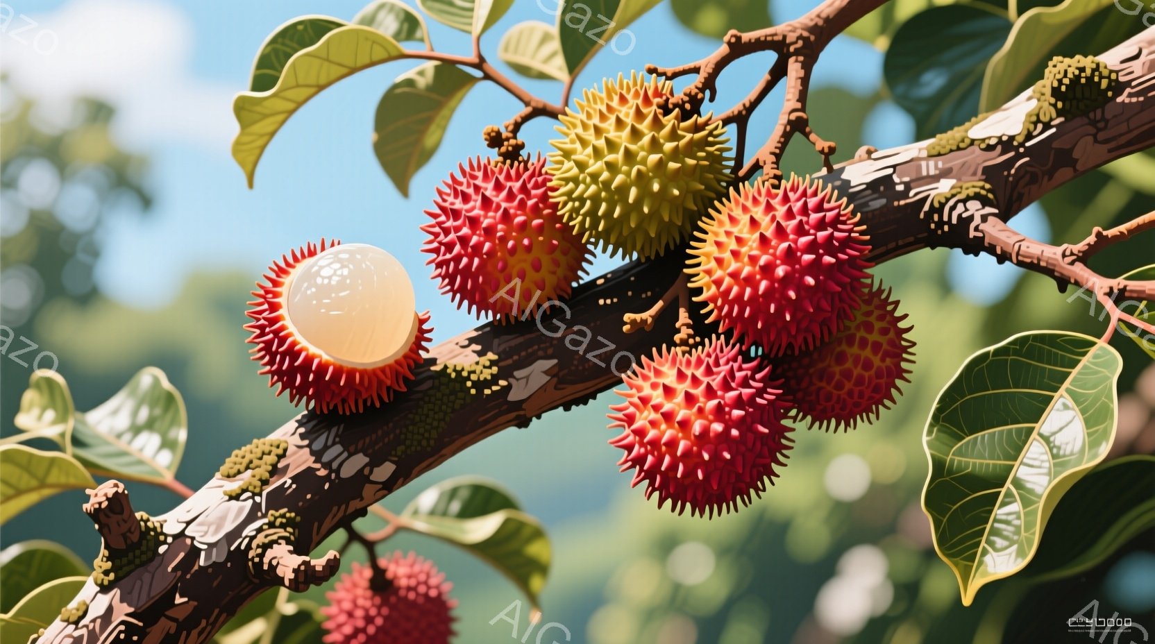 リチーの果実が枝に密集してぶら下がっている様子が写っている。果実は赤と黄色の鮮やかな色合いで、棘のある表面が特徴的である。背景には緑豊かな葉とぼやけた風景が広がり、自然の恵みを感じさせる穏やかな雰囲気 - AI生成フリー素材