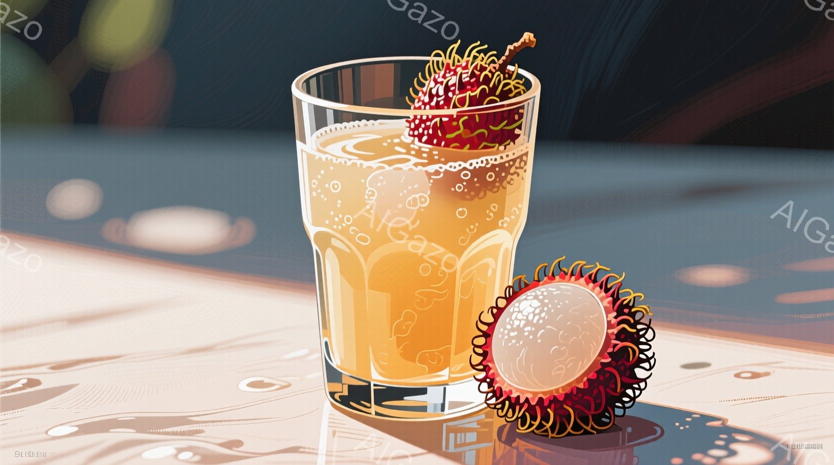 明るいオレンジ色の液体が入ったグラスと、赤い実のランブータンがテーブルの上に置かれています。グラスは少し膨らんだ形をしており、液体には小さな泡が浮遊しています。テーブルは光沢があり、光の反射が確認でき - AI生成フリー素材