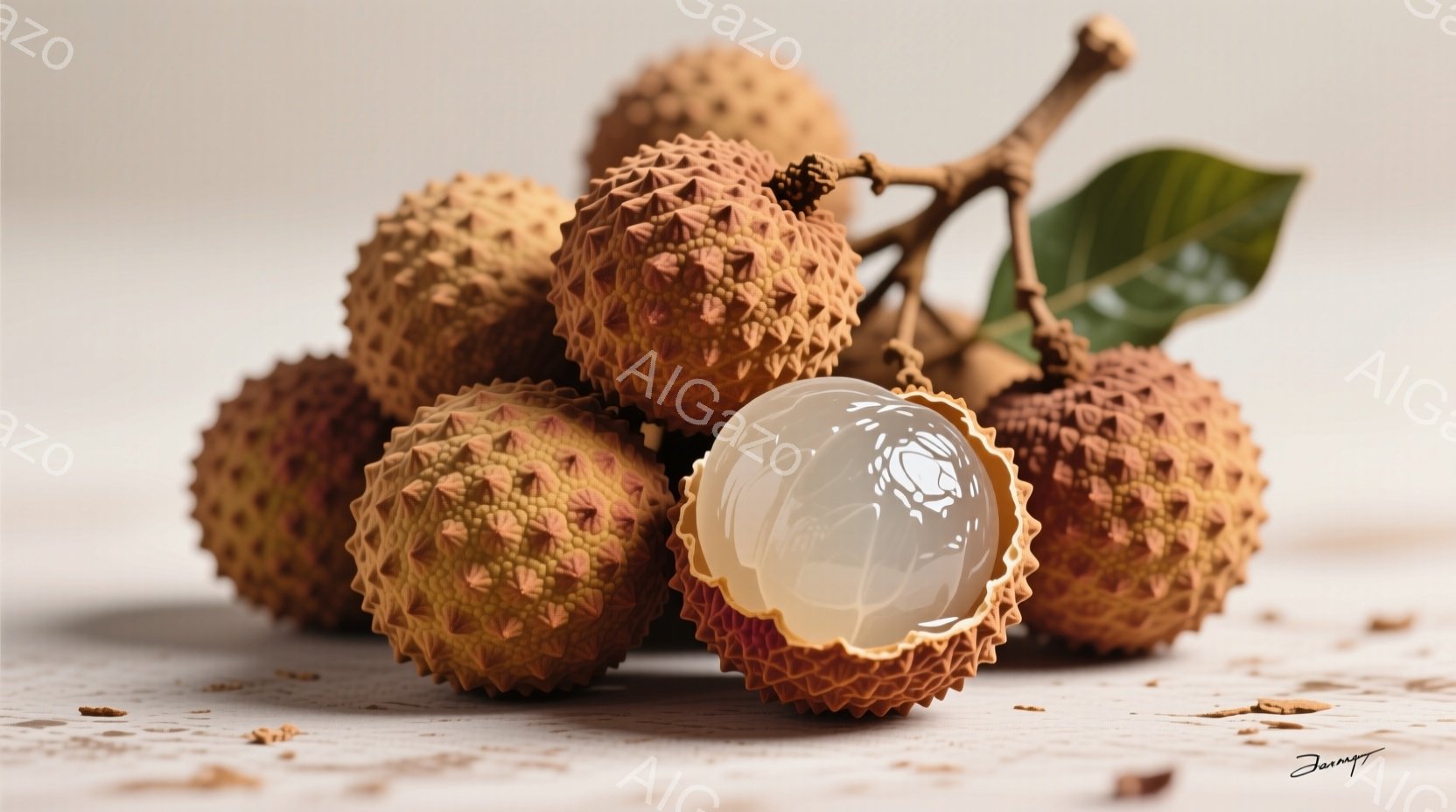 ライチがいくつか、ざらざらとした赤い皮を持つ状態で、白く半透明の果肉が露出した状態で置かれています。背景は木目の見える淡いクリーム色の表面で、いくつかの果肉の破片が散らばっています。ライチの配置と光の - AI生成フリー素材