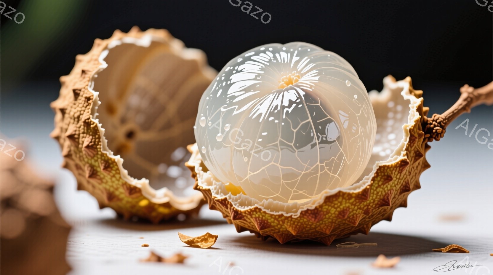 剥き出しになった栃の実の殻の中に、水滴で覆われた半透明の球体が収まっている。球体内部には、繊細な白い模様が描かれており、殻の茶色い質感とのコントラストが美しい。背景は薄暗く、球体と殻が強調されており、 - AI生成フリー素材