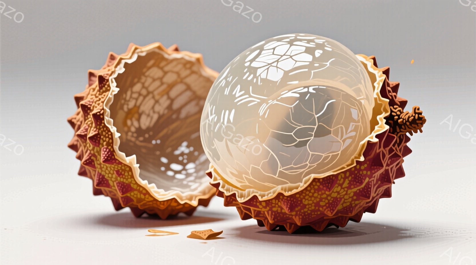 鮮やかな赤褐色のドリアンの割れた外皮が2つ、白い果肉を露わにしている。果肉はひび割れ模様で、光沢があり、割れた外皮の棘とのコントラストが目を引く。背景は薄い灰色で、いくつかの小さな果皮の破片が散らばっており、全体的に食欲をそそる雰囲気である。