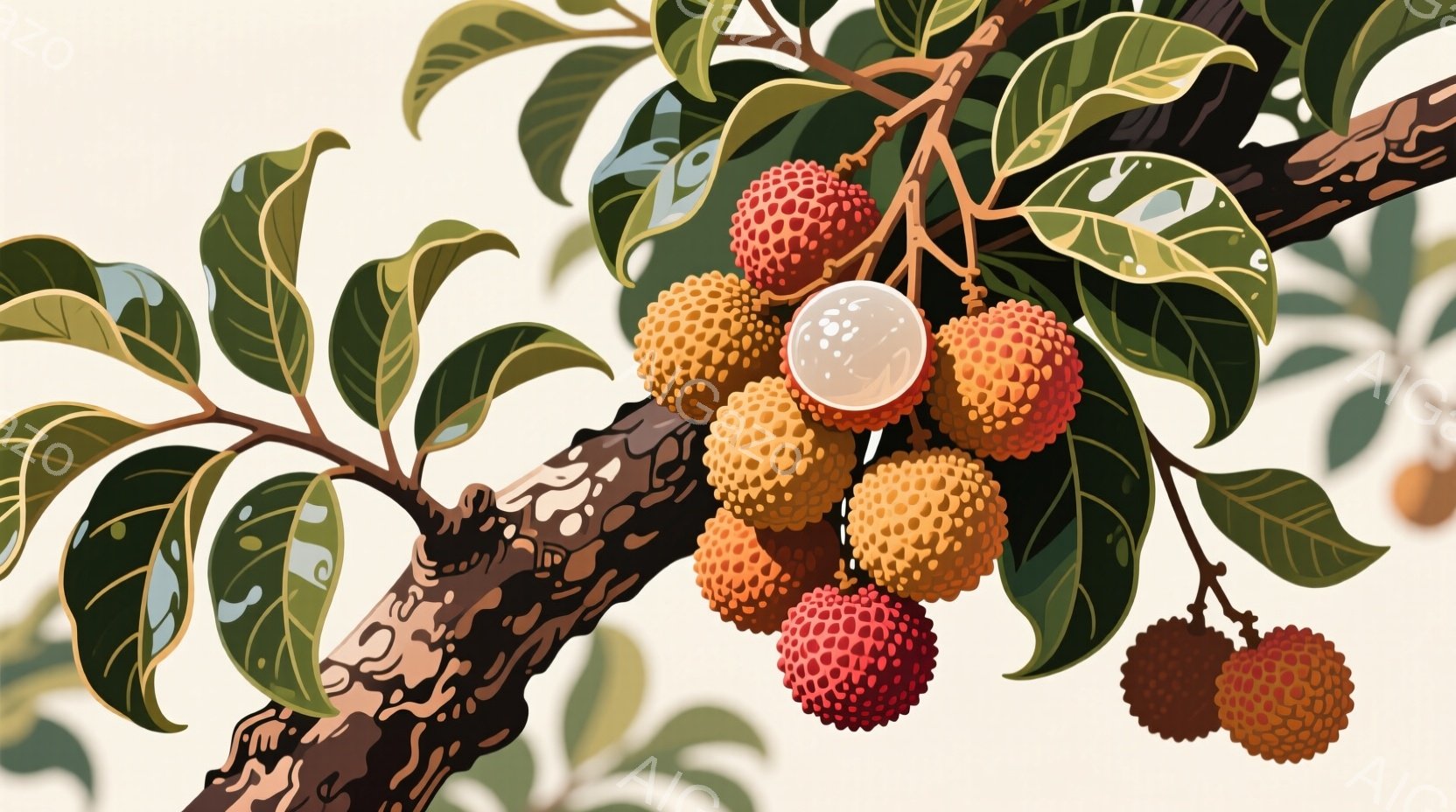 画像はライチの実が枝に密集している様子を捉えています。枝は茶色で質感があり、緑色の葉が生い茂っています。実の色は赤からオレンジ、黄色と変化しており、太陽の光を浴びて鮮やかに輝いています。 - AI生成フリー素材