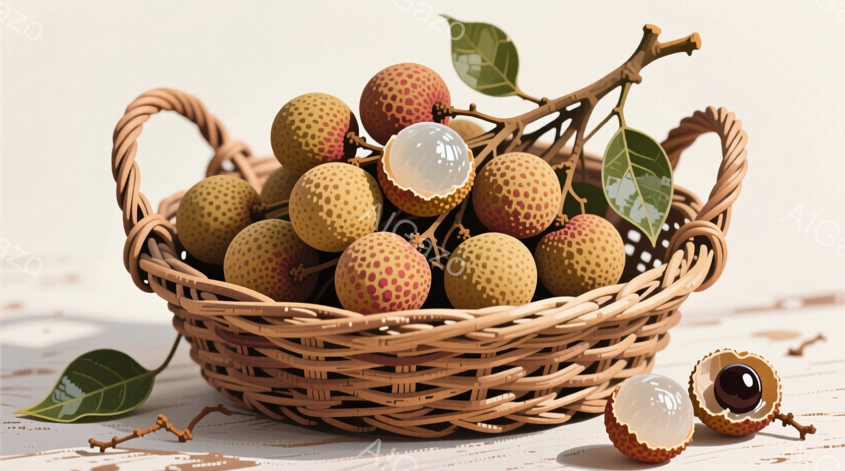 籐編みのバスケットにライチがぎっしりと詰め込まれています。ライチは赤と黄色のまだら模様で、いくつか皮が剥がれて中身の白い果肉が見えています。鮮やかな緑色の葉と、皮が剥がれたライチがバスケットの周りと、バスケットの前に置かれています。