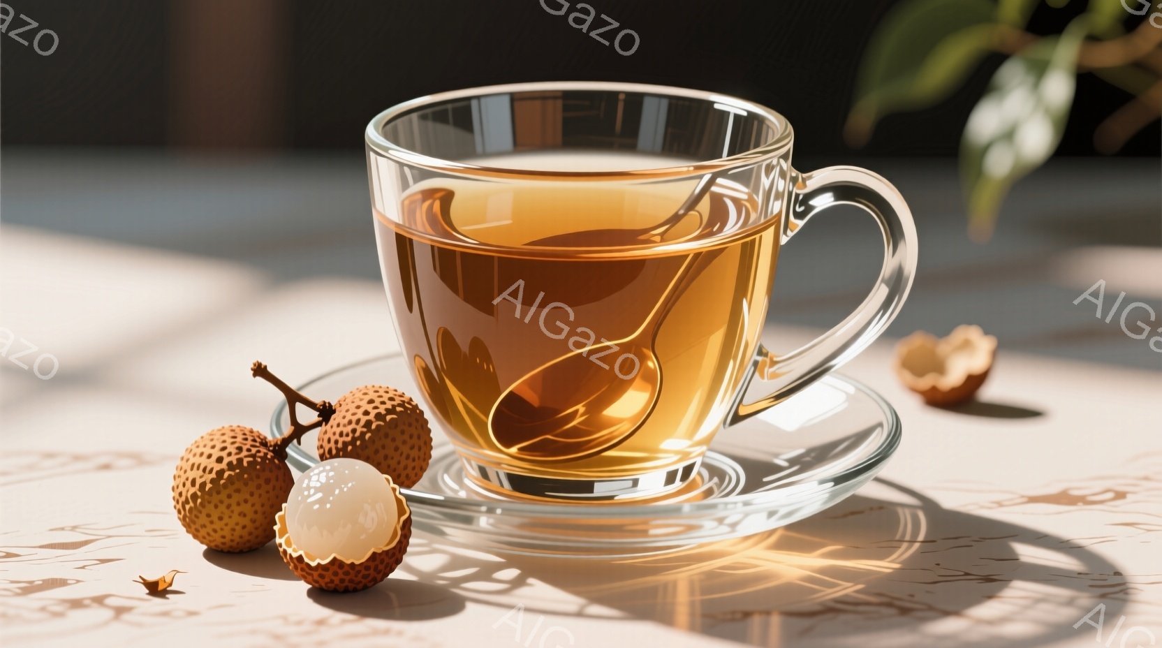 透明なティーカップが、明るい茶色の液体で満たされ、白いソーサーの上に置かれています。テーブルの上には、リッチーの果実がいくつかあり、一つは皮がむけて中身が見えています。光が差し込み、テーブルに影を作り - AI生成フリー素材