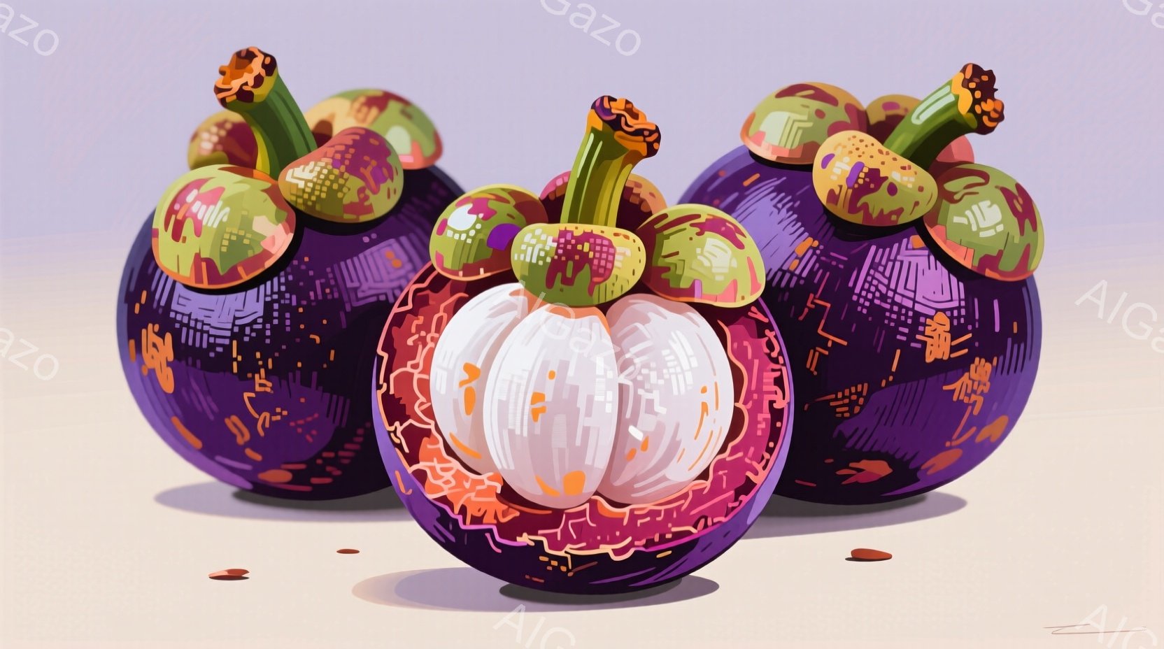 籠いっぱいのマンゴスチンが写っています。紫色の果実は、一部が半分に割れて、白く柔らかい内部が露わになっています。木製のテーブルの上に置かれ、背景はぼやけていて、温かみのある雰囲気が漂っています。