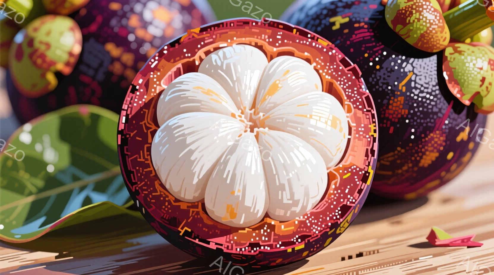 画像はマンゴスチンの断面をクローズアップしたもので、紫色の皮と白い果肉が印象的です。果肉は放射状に配置され、その周りを鮮やかな紫色の皮が囲んでいます。背景には、他のマンゴスチンや緑の葉がぼやけており、 - AI生成フリー素材